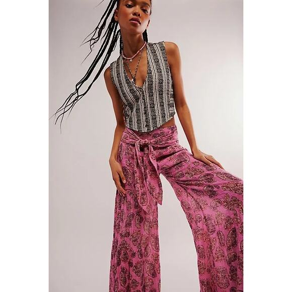 New Free People FP ONE Good Day Printed Wide-Leg Pants $128 LARGE Pink Paisley - Picture 3 of 7